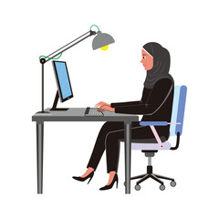 vector illustration of moeslimah working on her computer isolated image