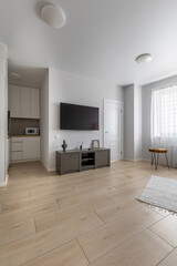 Bright Living Room Interior with TV and Wooden Floor