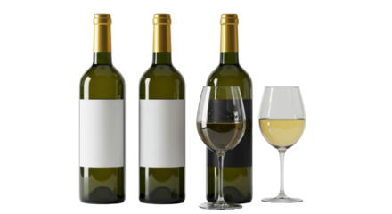 four dark green wine bottles with gold capsules and two crystal glasses, one filled with chilled white wine, on a high-key studio background. concept for premium product photography still life