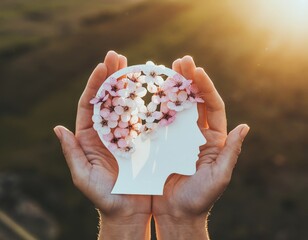 Hands Holding White Silhouette of Head with Flower Blossoms for Mental Health Concept