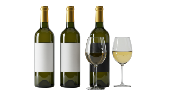 four dark green wine bottles with gold capsules and two crystal glasses, one filled with chilled white wine, on a high-key studio background. concept for premium product photography still life