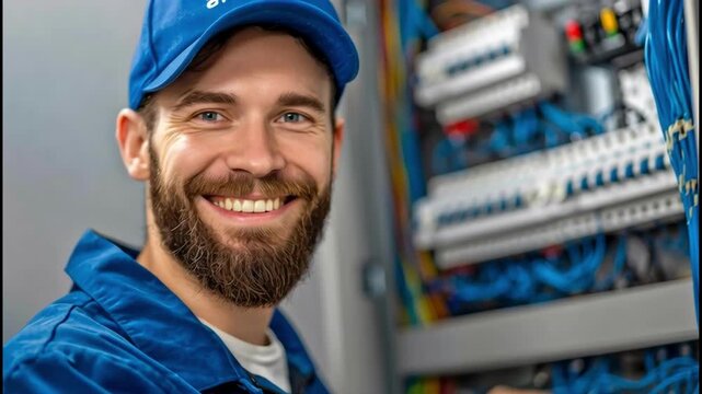 Smiling electrician working on control panel wiring in bright workshop, showcasing skills and enthusiasm