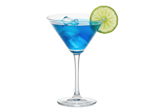 crystal clear martini glass filled with vibrant sapphire blue cocktail and crushed ice, garnished with a crisp green lime wedge, isolated on a white background, photorealistic studio shot. concept