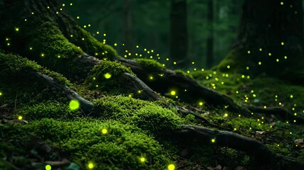 firefly above moss and root in forest. soft glow and light from insect near leaf at night. woodland floor covered in green moss and damp plant life. bioluminescent speckle drift across timber, soil. - Powered by Adobe