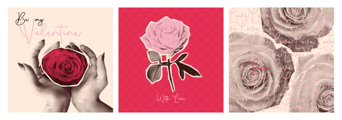 Valentine Day cards set with halftone roses. Contemporary vector illustration of distressed female hands holding red flower, vintage wrapping with floral design, romantic pictures cutout, love collage