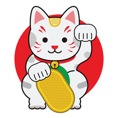 vector illustration of oriental lucky cat holding coin on it