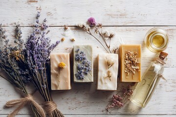 A Beautiful Arrangement of Handmade Soaps and Herbal Ingredients on a Rustic Wooden Surface with Lavender and Essential Oils