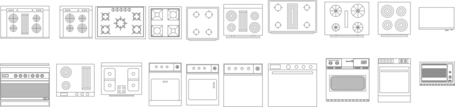Vector line drawings of various stoves and ovens (top and front view), including ranges and cooktops, essential for detailed kitchen appliance schedules.