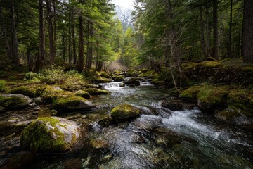 Fototapeta premium Crystal-Clear Mountain Stream Cascading Over Mossy Rocks in a Conifer Forest