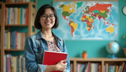 Young Asian teacher with glasses smiles holding red book in classroom with world map and bookshelves. Enthusiastic educator ready for students with learning materials. Shows passion for knowledge.
