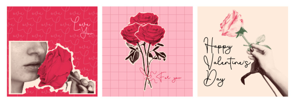 Halftone valentine day love collage in vintage paper cutout style with romantic roses and hands. Woman with blossom, flower bouquet and hand holding bloom on pink grid for 14 february greeting cards.