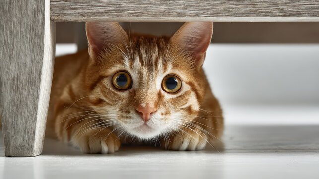 Curious expression of a cat peering from under a table, crisp white studio setting with gentle shadows