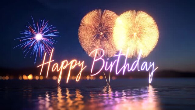 Happy Birthday greeting with fireworks display over water at night festive celebration background for cards and invitations bokeh lights reflectin