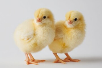 Fototapeta premium Cute twin baby chicks on a white surface in a minimalist studio setting