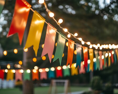 Vibrant pennant flags and warm string lights create a festive outdoor ambiance for a celebratory gathering or event