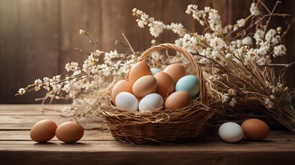 Rustic Easter scene with basket of eggs, straw, and blooming branches on a wooden plank. Left side empty for text. Ideal for greeting cards, ads, and social media.