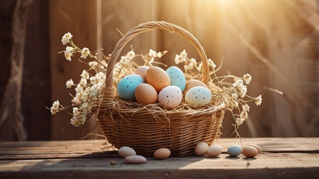 Rustic Easter scene with basket of eggs, straw, and blooming branches on a wooden plank. Left side empty for text. Ideal for greeting cards, ads, and social media.