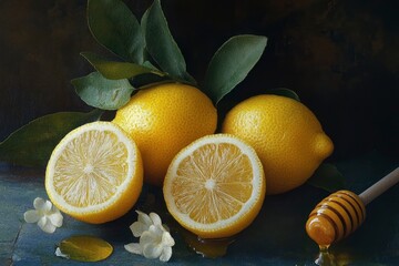 Whole lemon with slices and a spoonful of honey on a rustic wooden tabletop