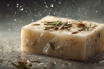 Refreshing Rosemary Infused Soap Bar with a Water Splash Backdrop Capturing the Essence of Natural Ingredients in Skincare