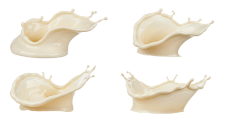 Four dynamic splashes of transparent melted chocolate, extreme close-up macro, complex swirling fluid structure on a transparent background, high-key shadowless lighting, luxurious commercial