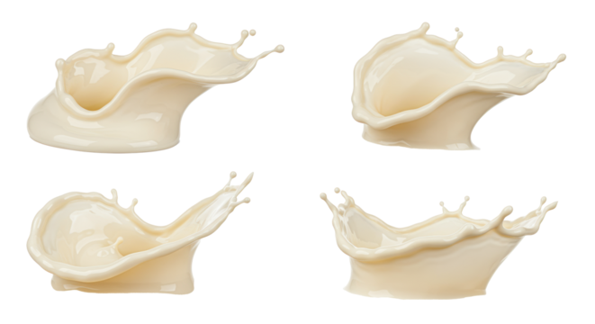 Four dynamic splashes of transparent melted chocolate, extreme close-up macro, complex swirling fluid structure on a transparent background, high-key shadowless lighting, luxurious commercial