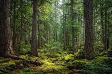 Fototapeta premium Dense stand of green conifers in a tranquil mixed forest