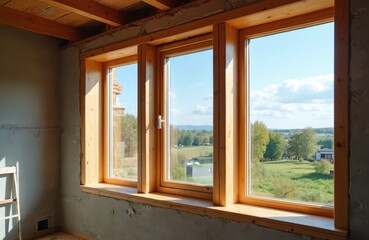 Obraz premium House renovation with new wooden windows installation. Interior construction site with energy efficient frames. Home improvement process with scenic view of countryside landscape outside.