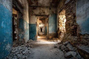 Obraz premium Desolate ruin: crumbling plaster, exposed brick, and debris in a derelict interior