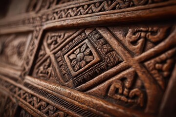 Detailed close-up of ornate wood door carvings and grain texture