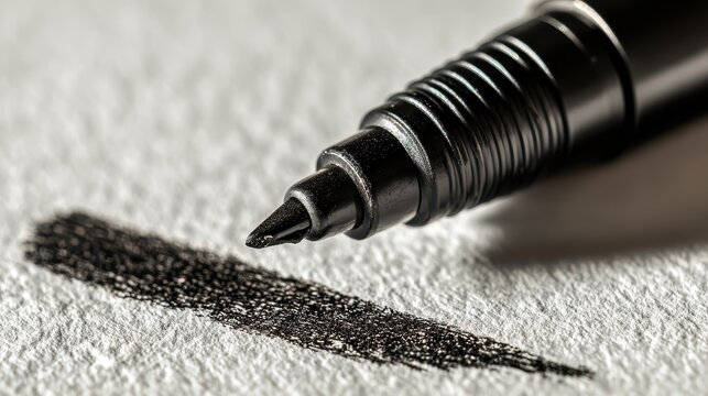 Detailed study of a marker tip creating dark ink line on paper surface