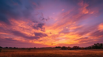 Dramatic cloudscape at sunset with pink, orange and purple tones over open countryside