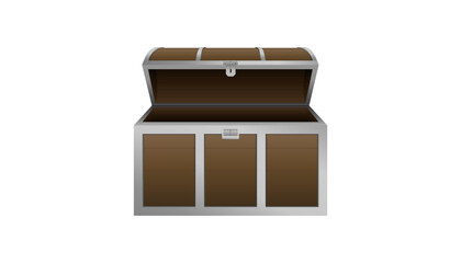 Open empty wooden treasure chest box with metal trim isolated on white background