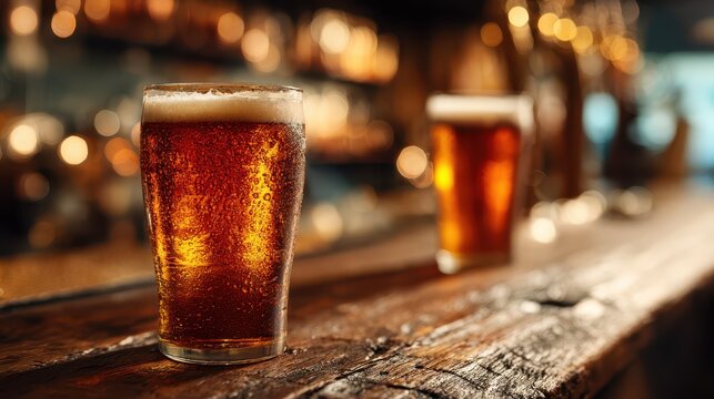 Draught beer in chilled pint glasses on a warm wooden bar with frothy heads