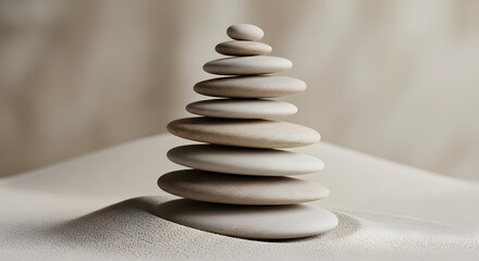 Zen Stones Pyramid Balancing on Sand Dunes Symbol of Balance Harmony Serenity Equilibrium and Calmness Pebble Tower Rock Stacking Sculpture Peaceful Wellbeing Concept