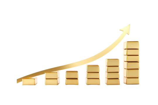 Golden bars rise with a curved arrow against a black background