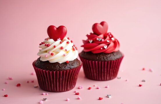 Two cupcakes with heart toppers on pink. One with red cream and another with white. Hearts confetti scattered. Baked muffins with frosting symbolize love. Sweet dessert for Valentines holiday treat. - Powered by Adobe