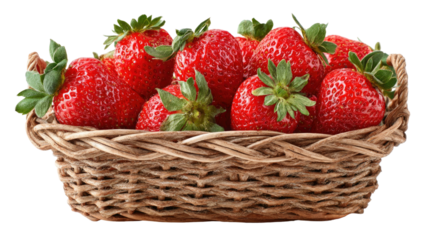 Basket of strawberries filled with fresh ripe berries showcasing vibrant red color, natural texture, and juicy appearance isolated on white background
