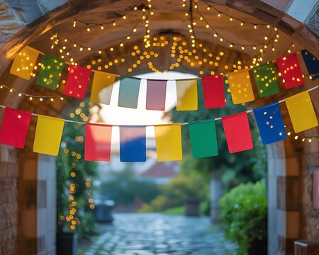 Vibrant prayer flags and twinkling fairy lights adorn an arched entryway creating a festive and welcoming atmosphere for a special occasion