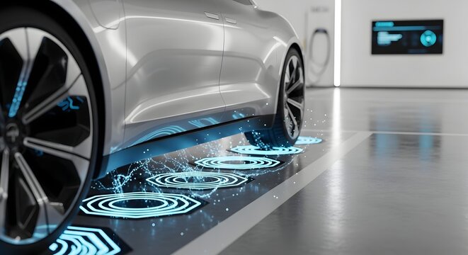 Modern futuristic electric vehicle charging wirelessly technology innovation transport automotive design