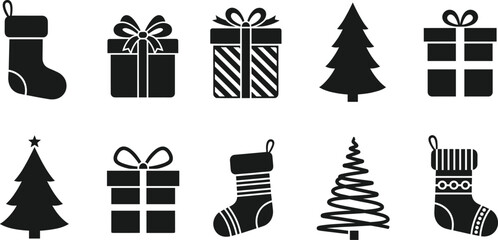 Black Silhouette Christmas Icons Set with Gift Boxes, Stockings, and Various Decorated Pine Tree Shapes Vector.