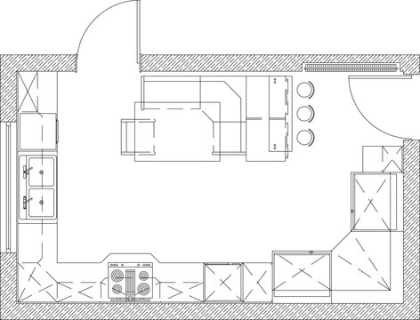 Vector line drawing of a detailed kitchen floor plan, including cabinets, appliances, sink, stove, and a dining counter for architectural design.