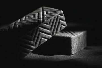 Artistic Black and White Composition of Textured Soap Bars Showcasing Unique Patterns and Shadows in a Minimalist Setting