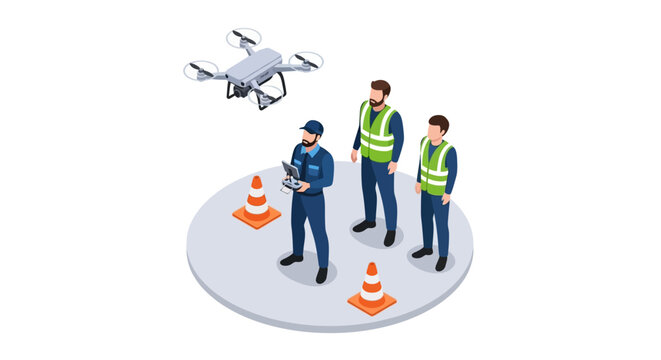 Isometric view of a drone in flight with three workers and safety cones on a circular platform.