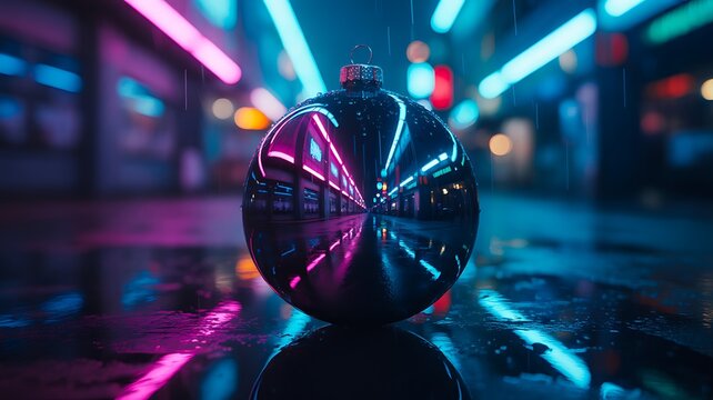 Metallic ornament reflecting neon lights in night alley
