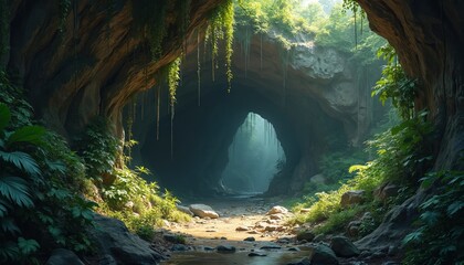 River flows from mysterious cave entrance in dense jungle. Huge stone grotto is surrounded by lush tropical foliage, hanging vines. Ancient rocky path leads into dark cavern, illuminated by sunlight.