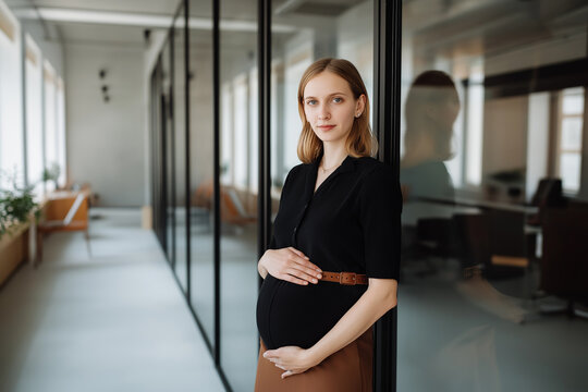 Confident pregnant businesswoman in modern office ready to lead and inspire, balancing motherhood and career with grace and strength, embracing the future