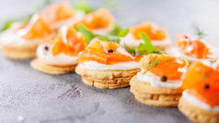 Canapes with fresh cheese and smoked salmon for holiday or event, top view