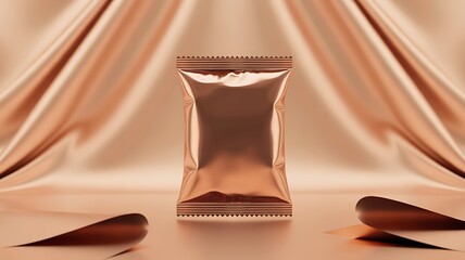 Copper foil snack pouch standing in elegant draped background
