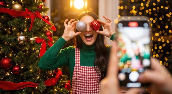Cheerful woman holding Christmas ornaments over her eyes while being photographed with a mobile phone.