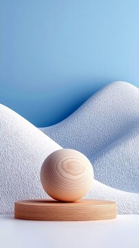 A smooth wooden sphere rests on a circular wooden platform, set against a background of textured white, wave-like shapes and a bright blue sky.